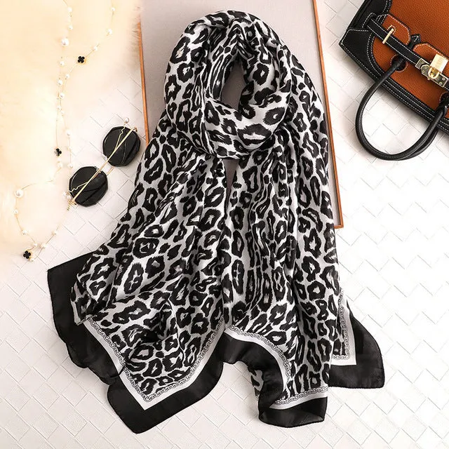 Women's Designer Soft Leopard Pattern Printed Square Silk Shawl