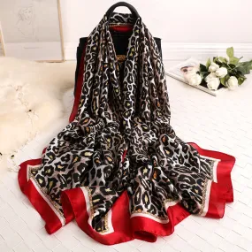 Women's Designer Soft Leopard Pattern Printed Square Silk Shawl