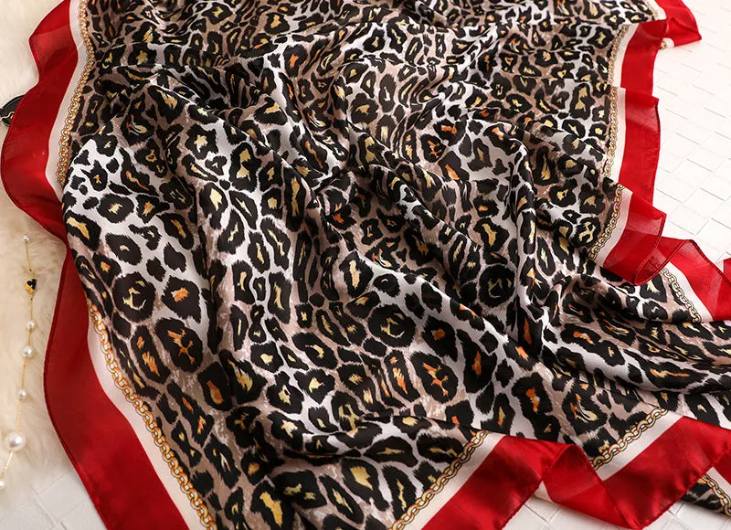 Women's Designer Soft Leopard Pattern Printed Square Silk Shawl