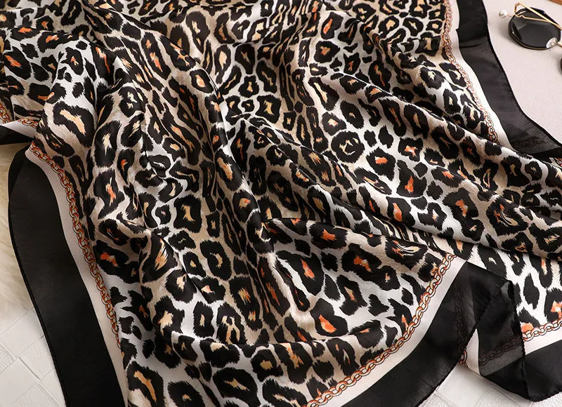 Women's Designer Soft Leopard Pattern Printed Square Silk Shawl