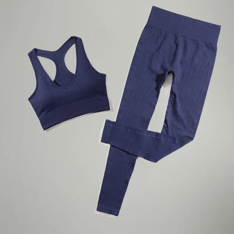 Women's Navy Blue Seamless Bra High Waist Leggings Two Piece Yoga Outfit