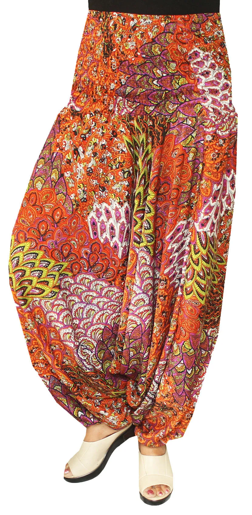 Womens Smocked Waist Hippie Moss Crepe Harem Pants (Orange)