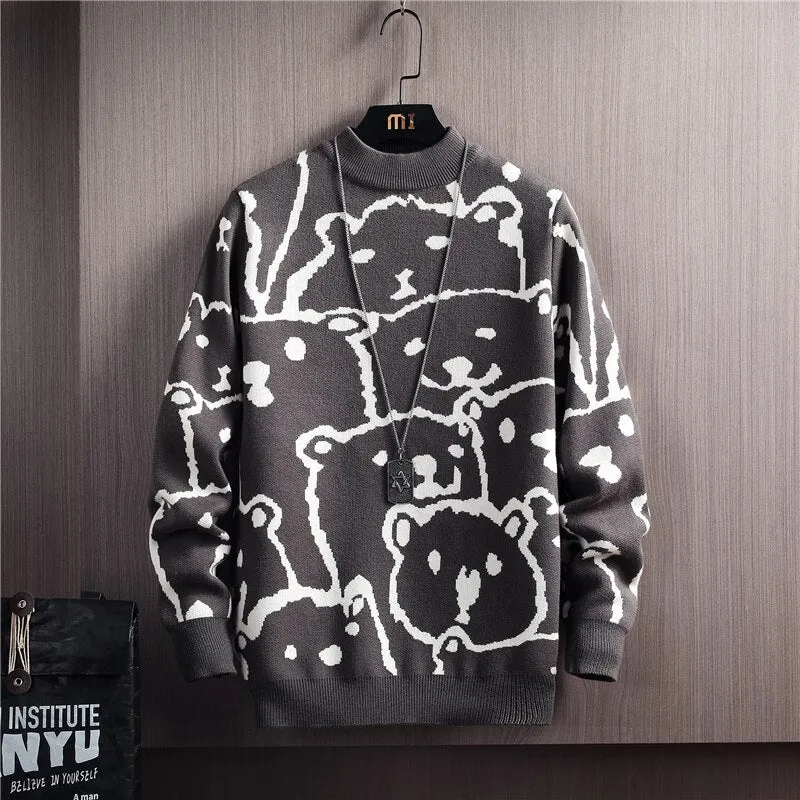 Xituodai Winter Sweaters Men Casual Round Neck Bear Pattern Retro Mens Pullovers Japanese Style Couple Sweater Cute Men Pullover