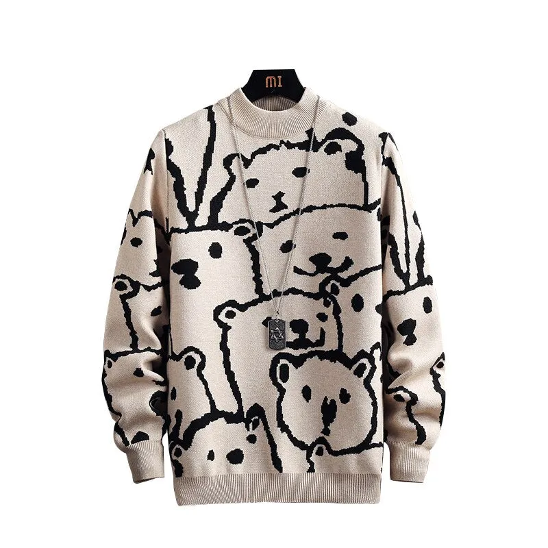 Xituodai Winter Sweaters Men Casual Round Neck Bear Pattern Retro Mens Pullovers Japanese Style Couple Sweater Cute Men Pullover