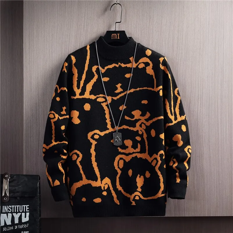 Xituodai Winter Sweaters Men Casual Round Neck Bear Pattern Retro Mens Pullovers Japanese Style Couple Sweater Cute Men Pullover