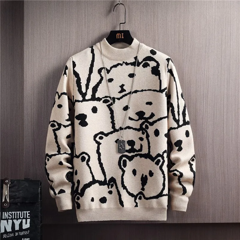 Xituodai Winter Sweaters Men Casual Round Neck Bear Pattern Retro Mens Pullovers Japanese Style Couple Sweater Cute Men Pullover