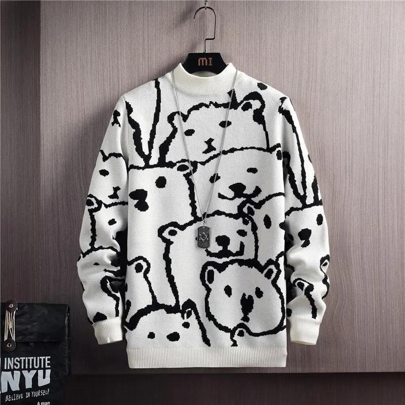 Xituodai Winter Sweaters Men Casual Round Neck Bear Pattern Retro Mens Pullovers Japanese Style Couple Sweater Cute Men Pullover