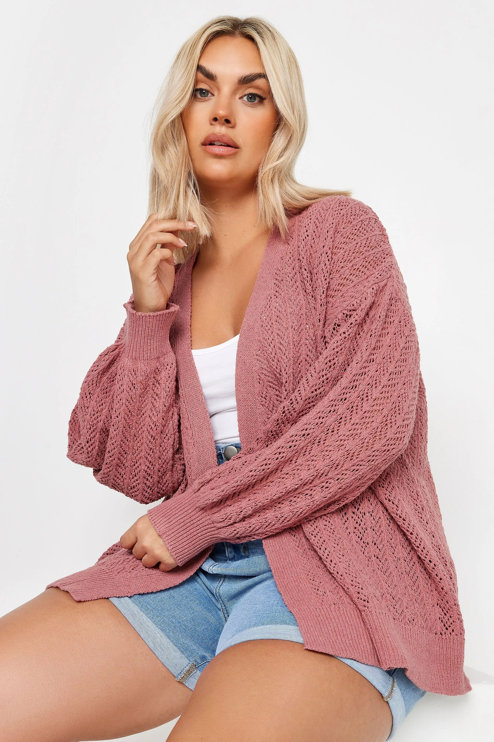 YOURS Curve Pink Pointelle Cardigan