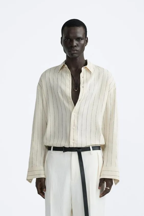 ZARA  |Stripes Linen Long Sleeves Shirts