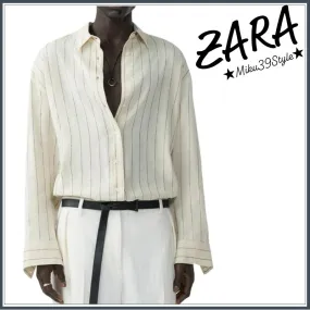 ZARA  |Stripes Linen Long Sleeves Shirts